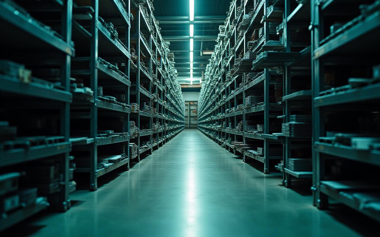 Close-up of organized metal stock in a industrial warehouse with soft green lighting